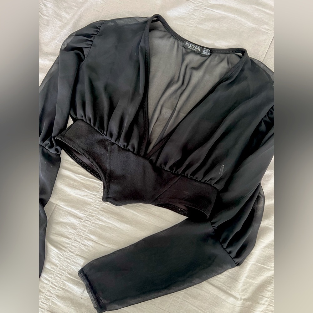NASTY GAL sheer long sleeve v-neck crop top blouse